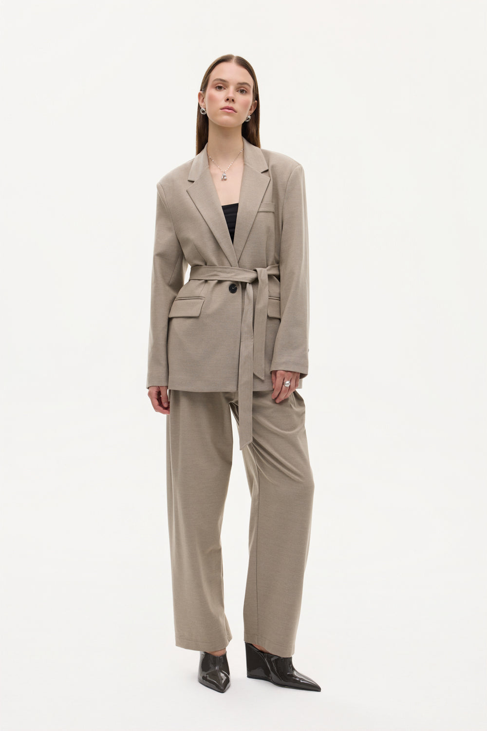 Kuşaklı Tek Düğmeli Oversize Blazer Ceket Vizon