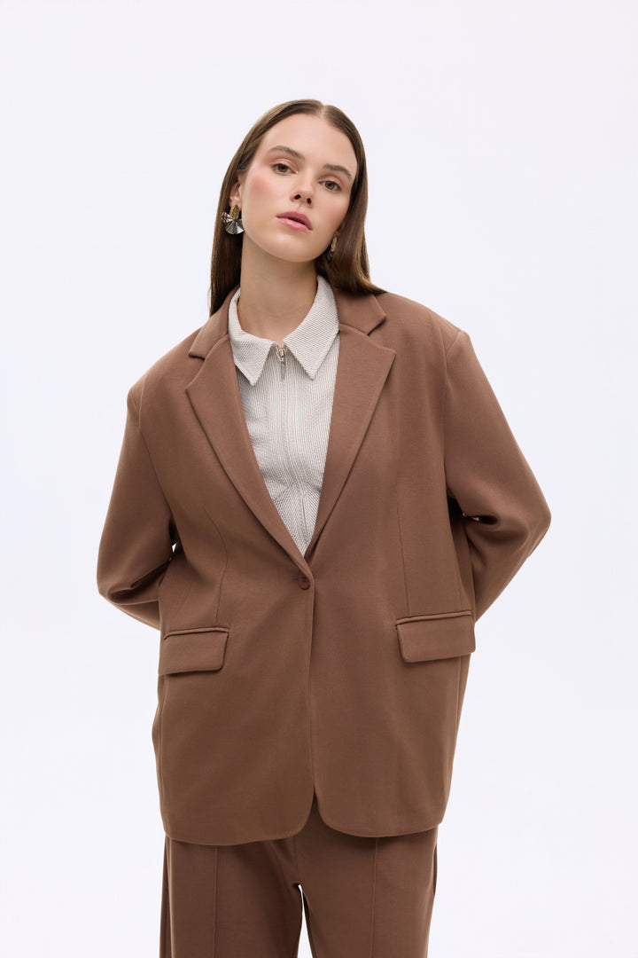 Tek Düğmeli Yumuşak Dokulu Oversize Blazer Ceket Kahverengi