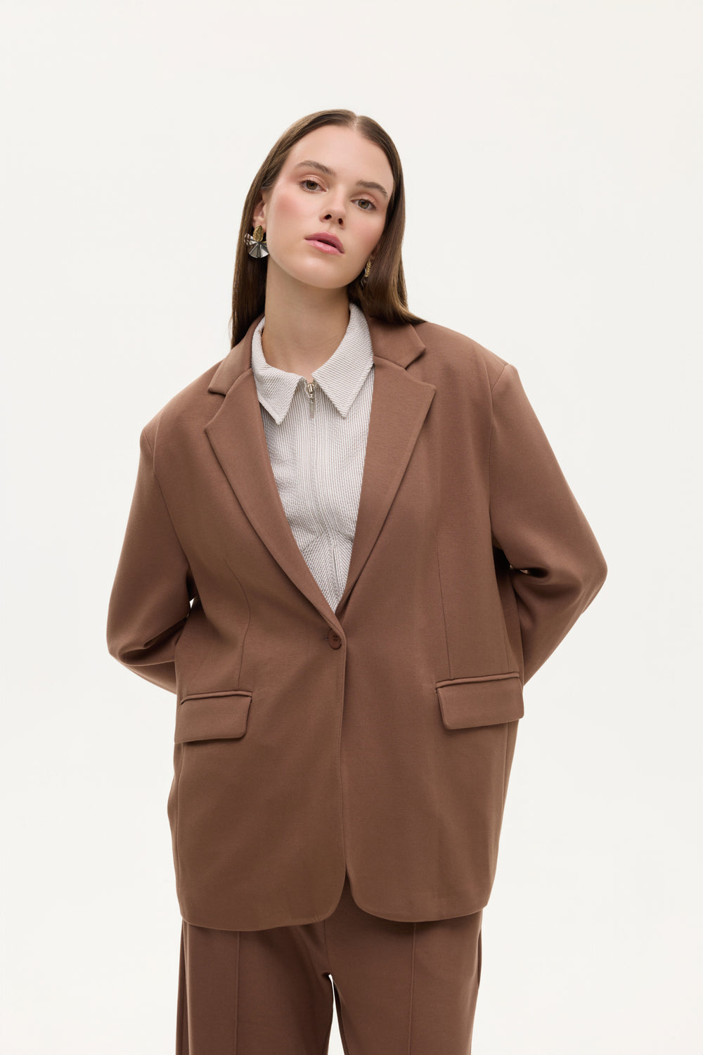 Tek Düğmeli Yumuşak Dokulu Oversize Blazer Ceket Kahverengi