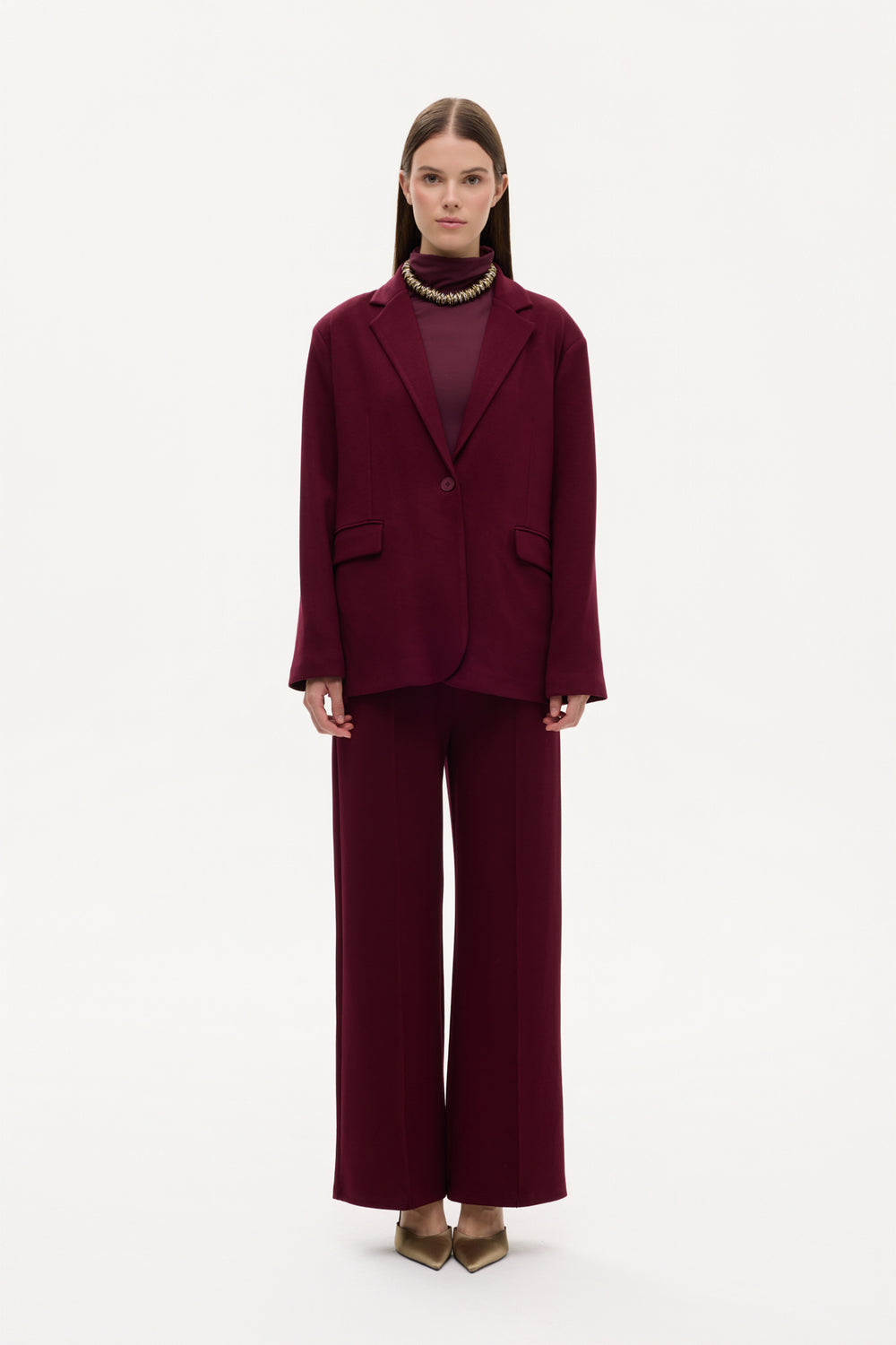 Tek Düğmeli Yumuşak Dokulu Oversize Blazer Ceket Vişne