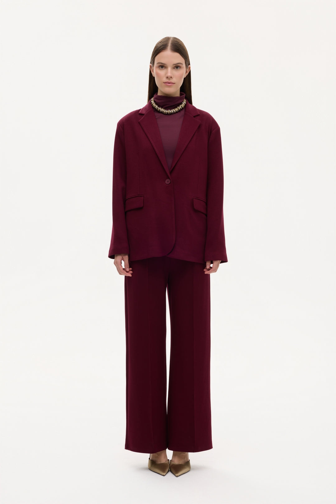 Tek Düğmeli Yumuşak Dokulu Oversize Blazer Ceket Vişne