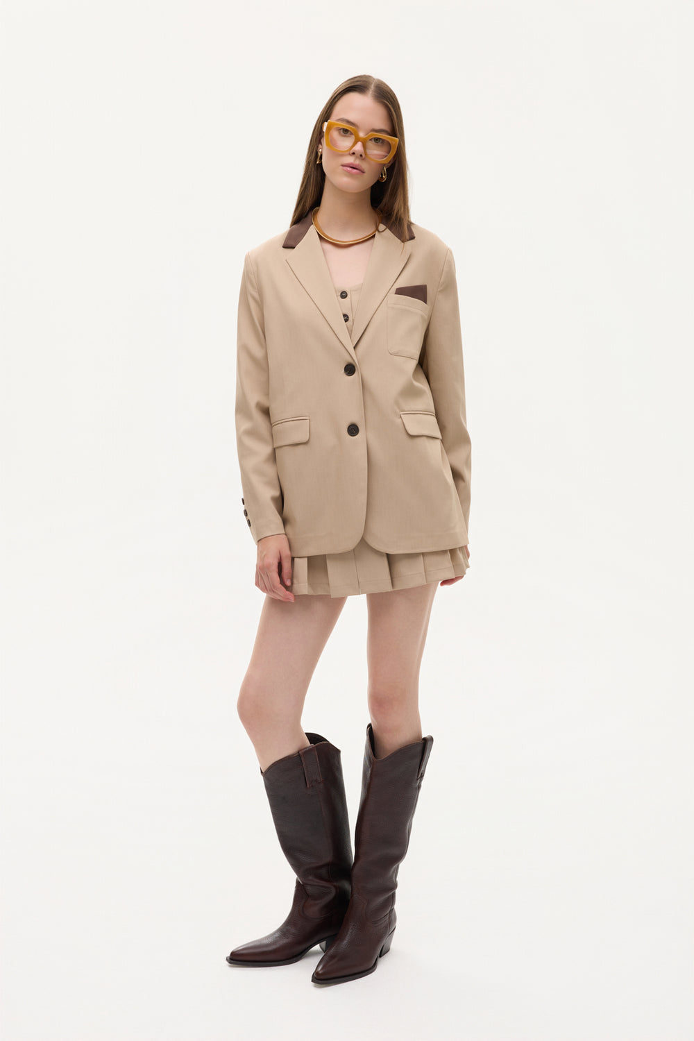 Kontrast Yaka Mendil Garnili Oversize Blazer Ceket Bej