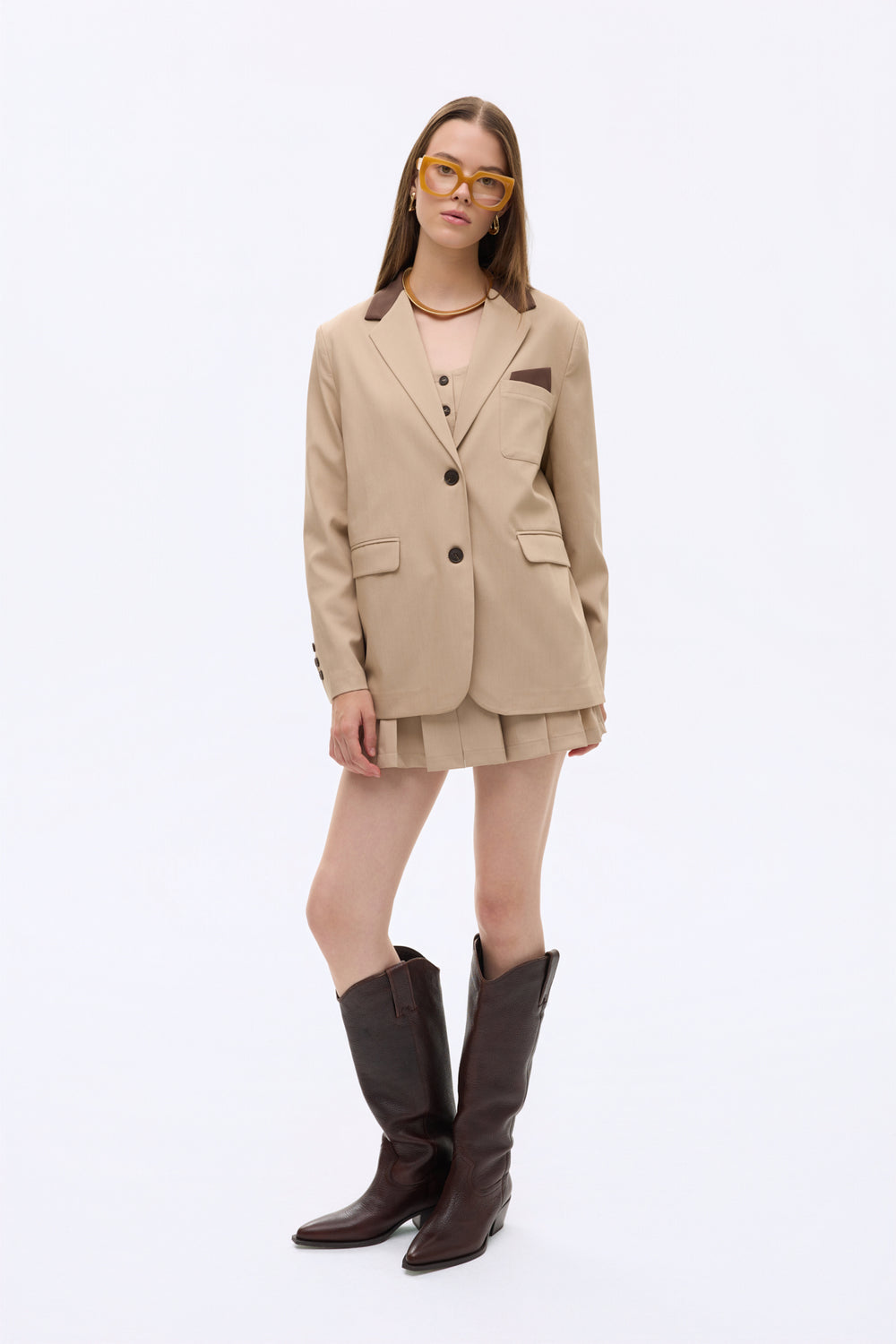 Kontrast Yaka Mendil Garnili Oversize Blazer Ceket Bej