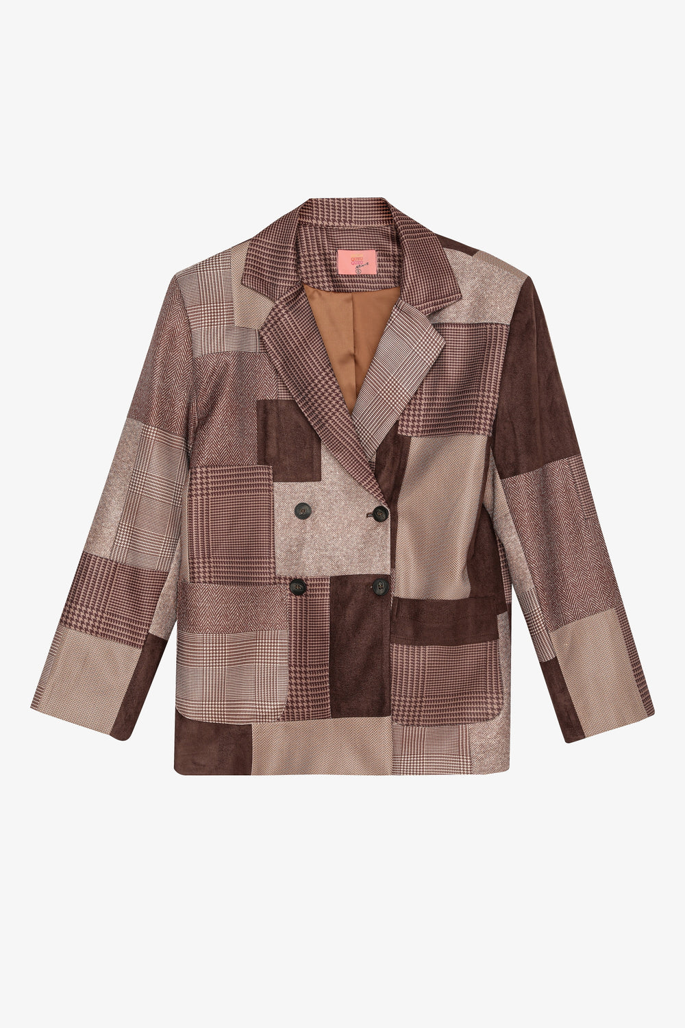 Patchwork Kruvaze Blazer Ceket Kahverengi