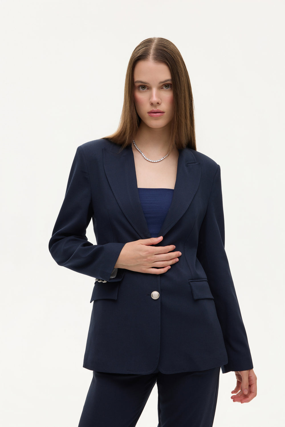 Kapak Cepli Düz Kesim Düğmeli Blazer Ceket Lacivert