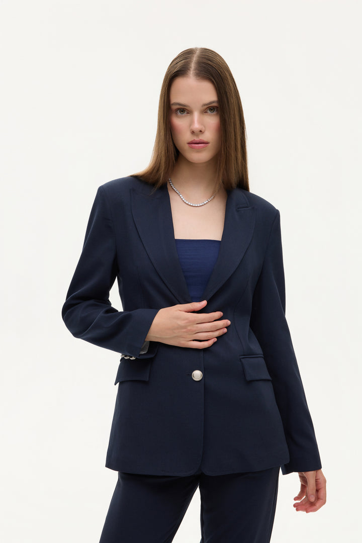 Kapak Cepli Düz Kesim Düğmeli Blazer Ceket Lacivert