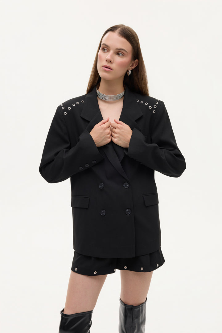 Kuş Gözü Detaylı Çift Düğmeli Oversize Blazer Ceket Siyah