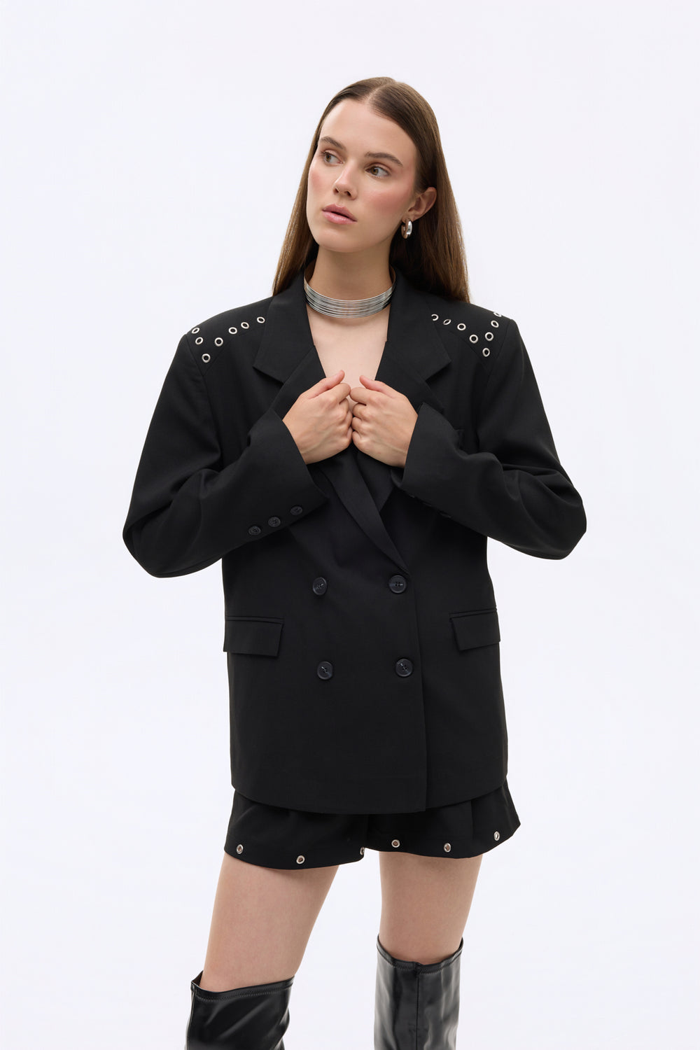 Kuş Gözü Detaylı Çift Düğmeli Oversize Blazer Ceket Siyah