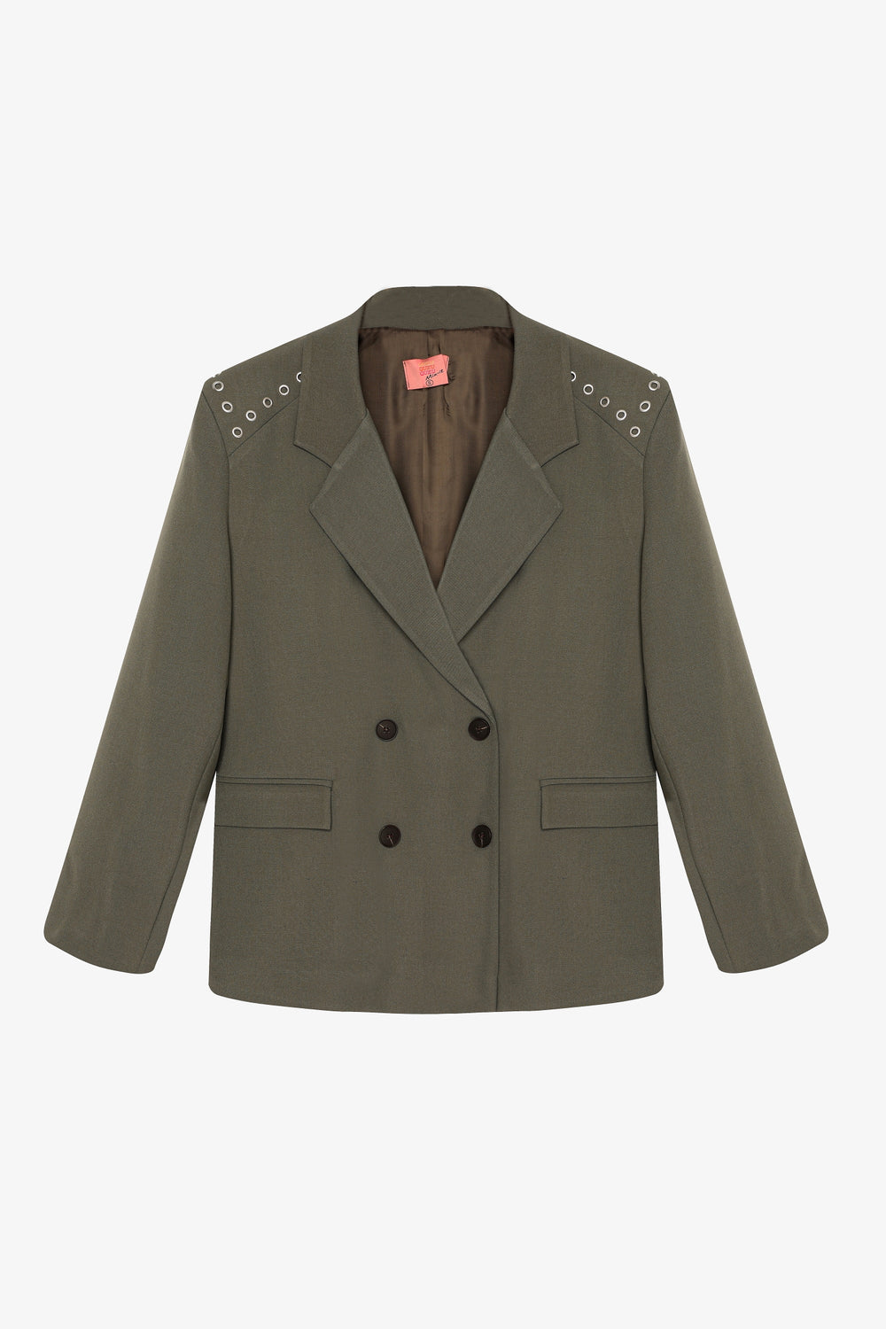 Kuş Gözü Detaylı Çift Düğmeli Oversize Blazer Ceket Haki