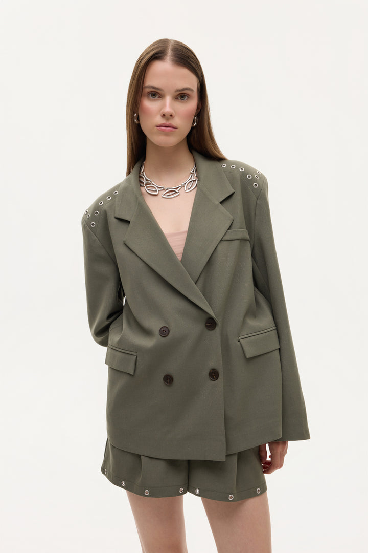 Kuş Gözü Detaylı Çift Düğmeli Oversize Blazer Ceket Haki