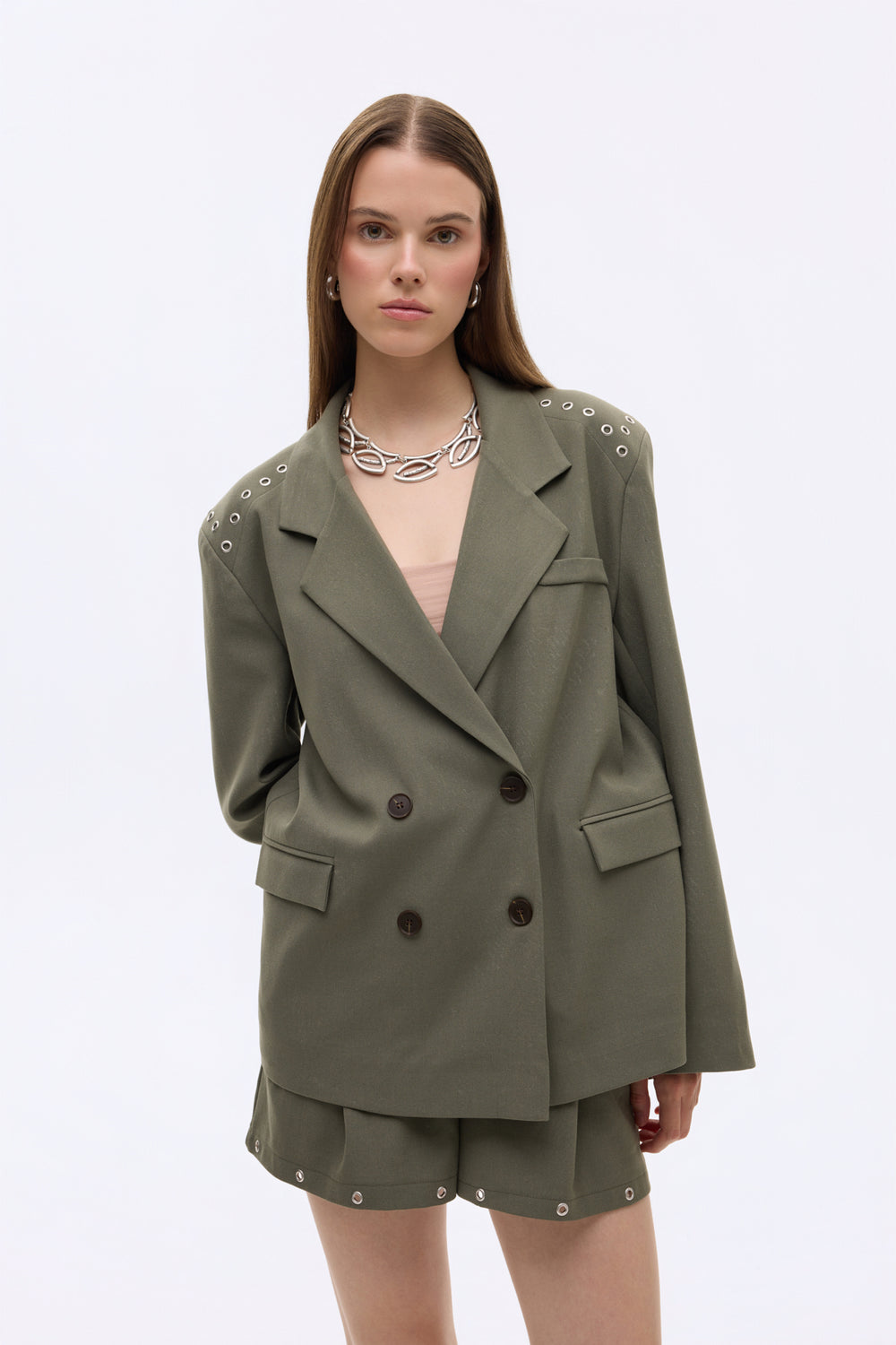 Kuş Gözü Detaylı Çift Düğmeli Oversize Blazer Ceket Haki