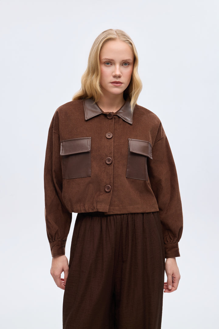 Deri Garnili Kadife Ceket Kahverengi