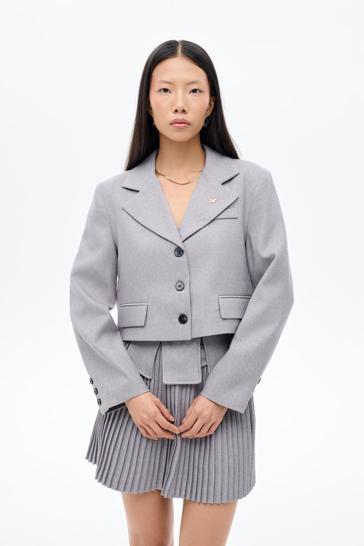Broş Aksesuarlı Düğmeli Crop Blazer Ceket Gri