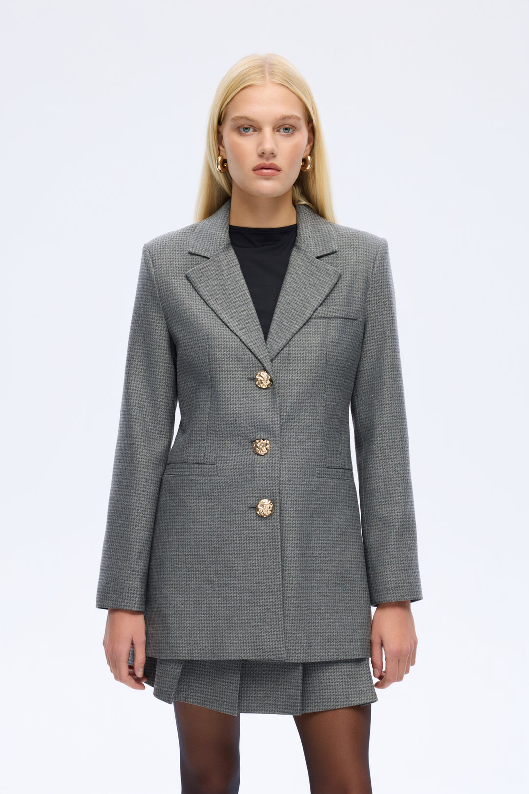 Kazayağı Desenlı Düğmeli Blazer Ceket Gri