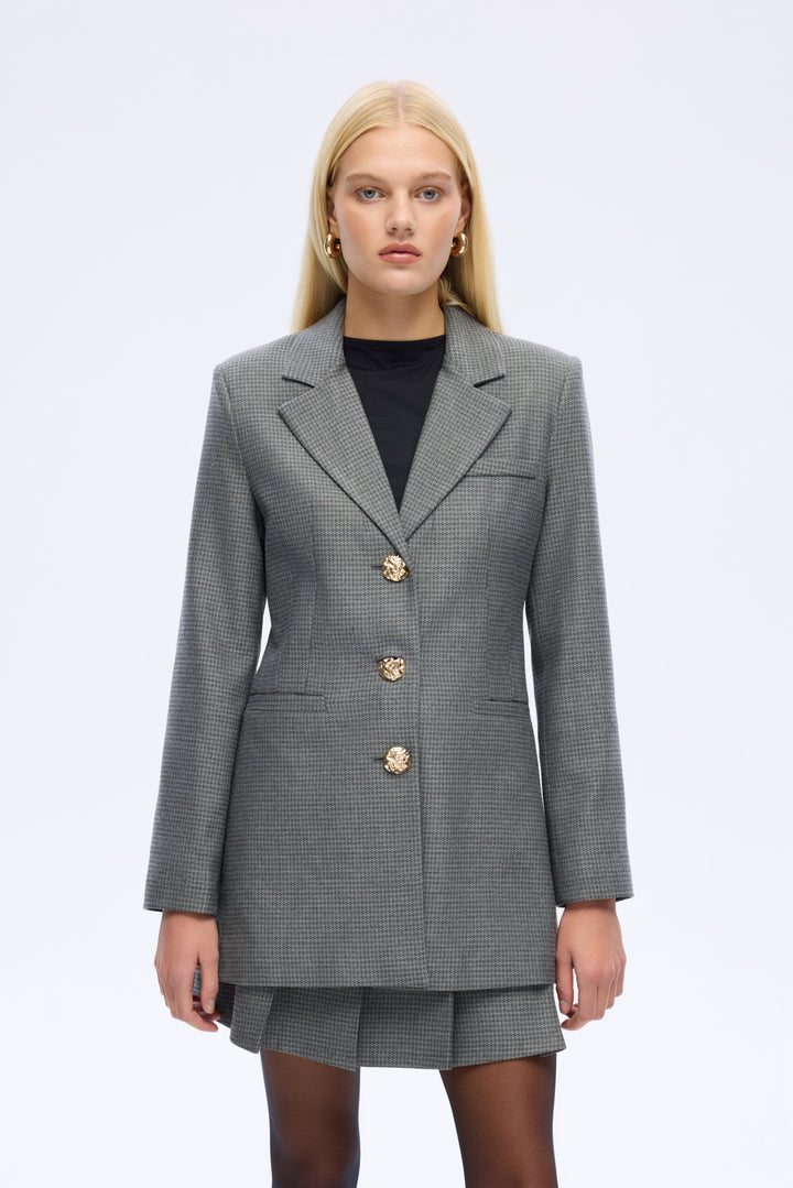 Kazayağı Desenlı Düğmeli Blazer Ceket Gri