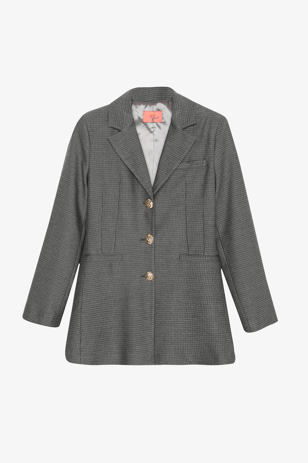 Kazayağı Desenlı Düğmeli Blazer Ceket Gri