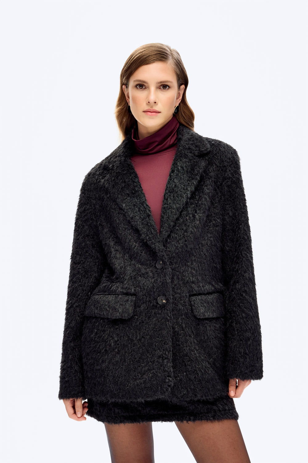 Tüylü Dokulu Oversize Blazer Ceket Siyah