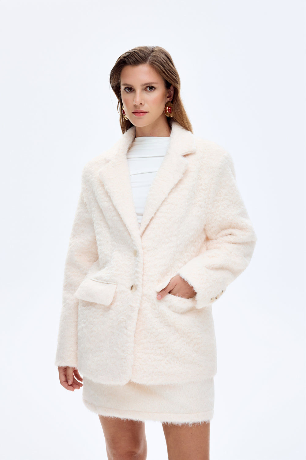 Tüylü Dokulu Oversize Blazer Ceket Ekru