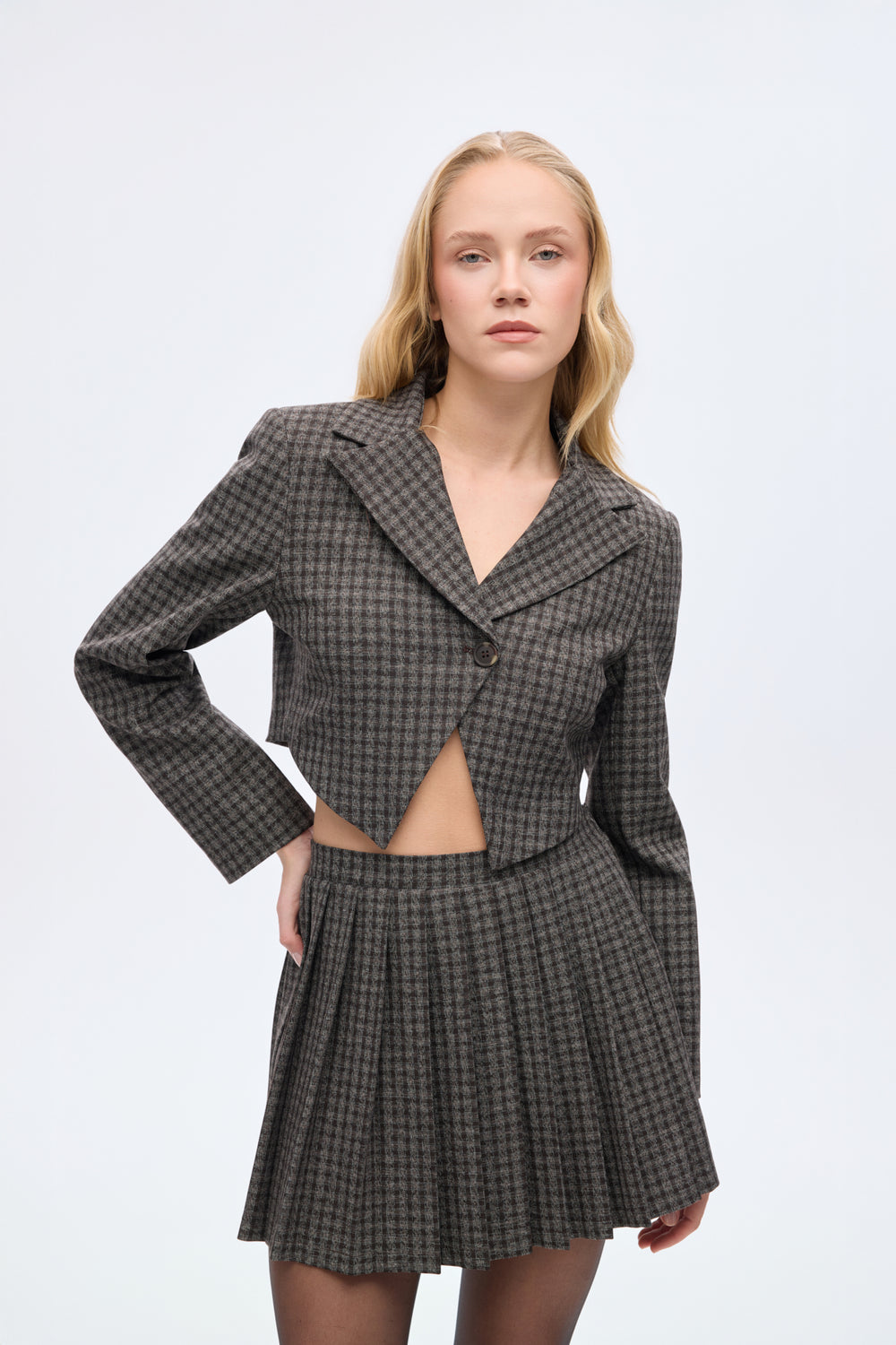 Ekose Tek Düğmeli Crop Blazer Ceket Kahverengi