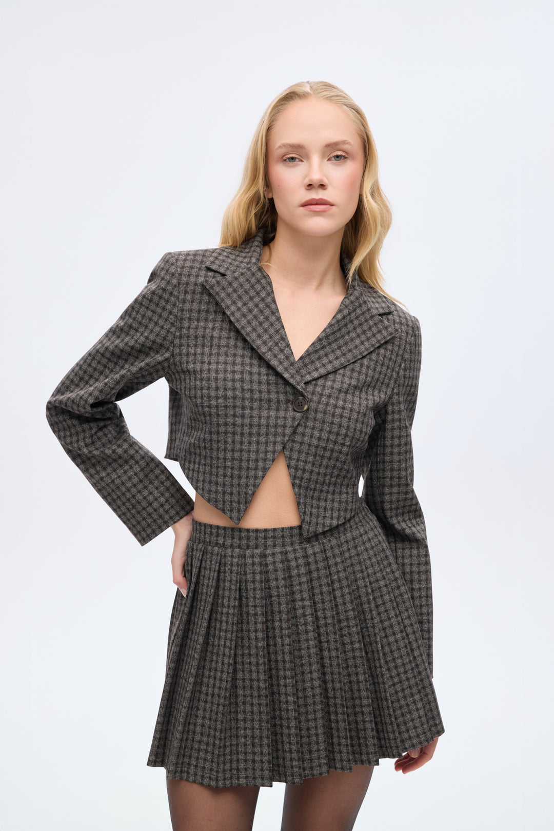 Ekose Tek Düğmeli Crop Blazer Ceket Kahverengi