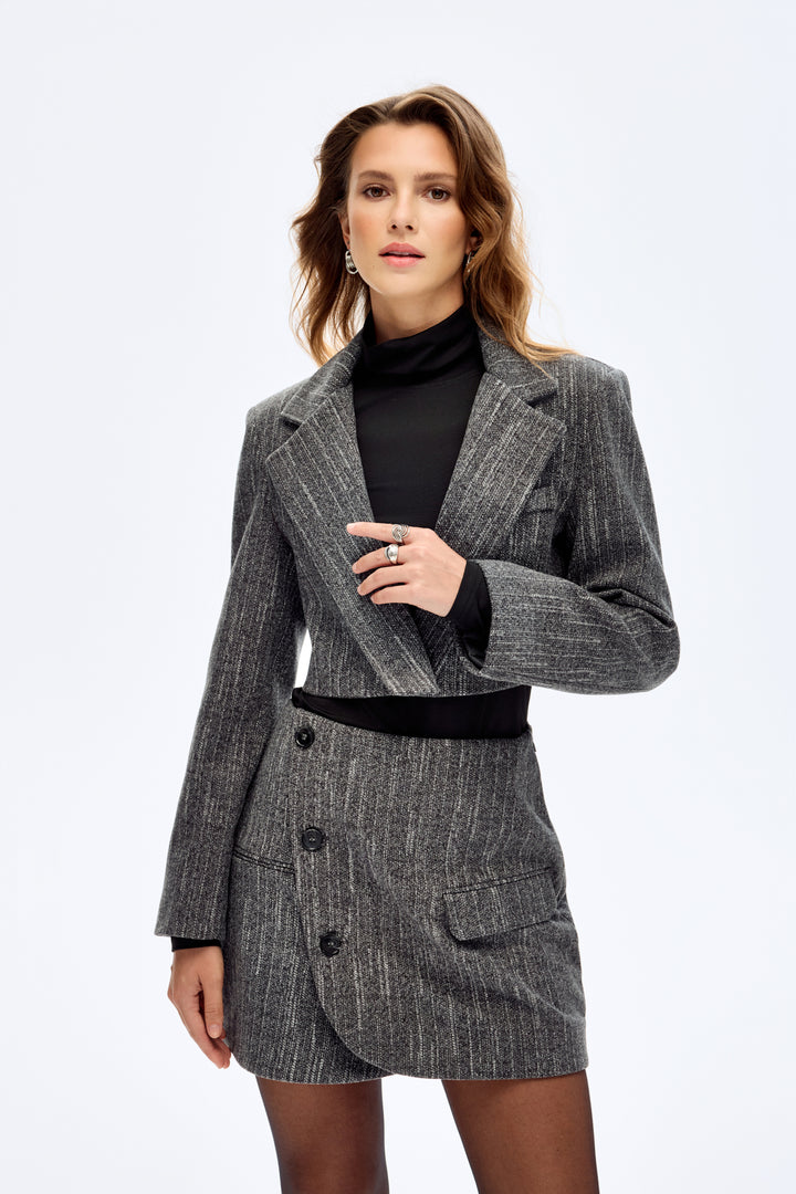 Kruvaze Yaka Kaşe Crop Blazer Ceket Antrasit