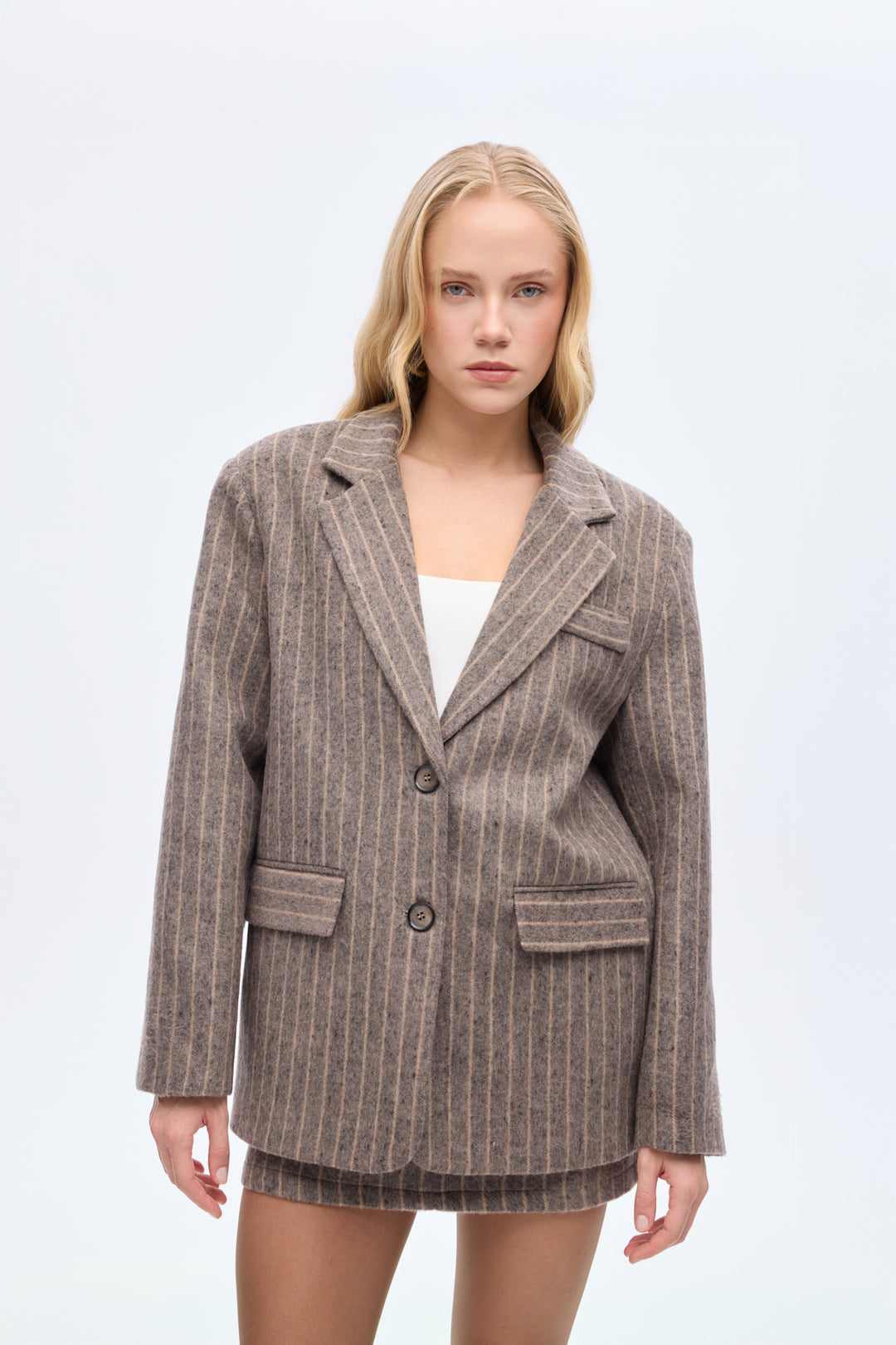 Çizgili Kaşe Blazer Ceket Vizon