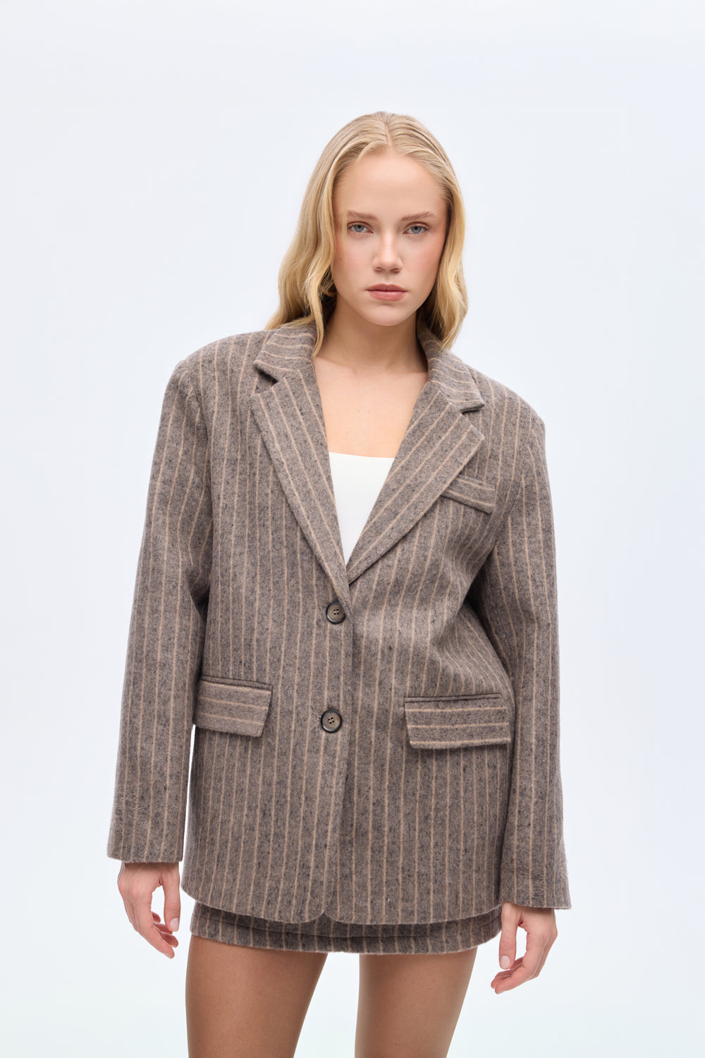 Çizgili Kaşe Blazer Ceket Vizon