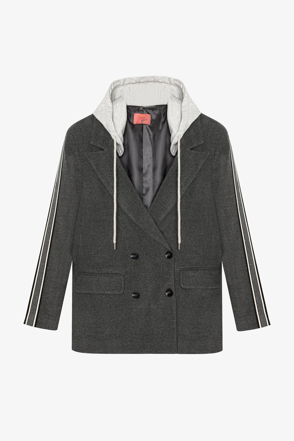 Kapüşonlu Şeritli Oversize Blazer Ceket Koyu Gri