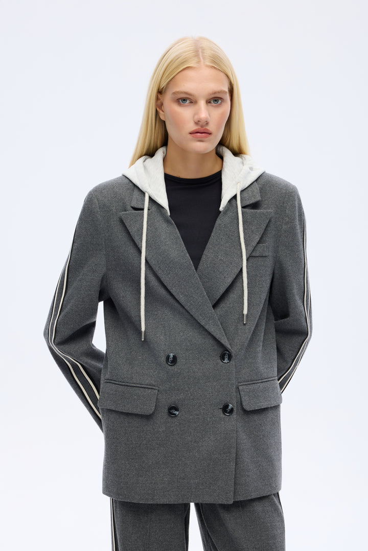 Kapüşonlu Şeritli Oversize Blazer Ceket Koyu Gri