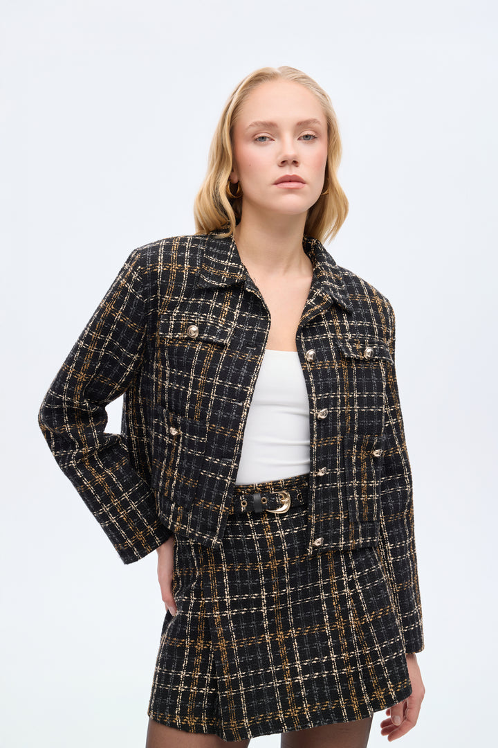 Çift Cepli Düğmeli Tüvit Ceket Siyah