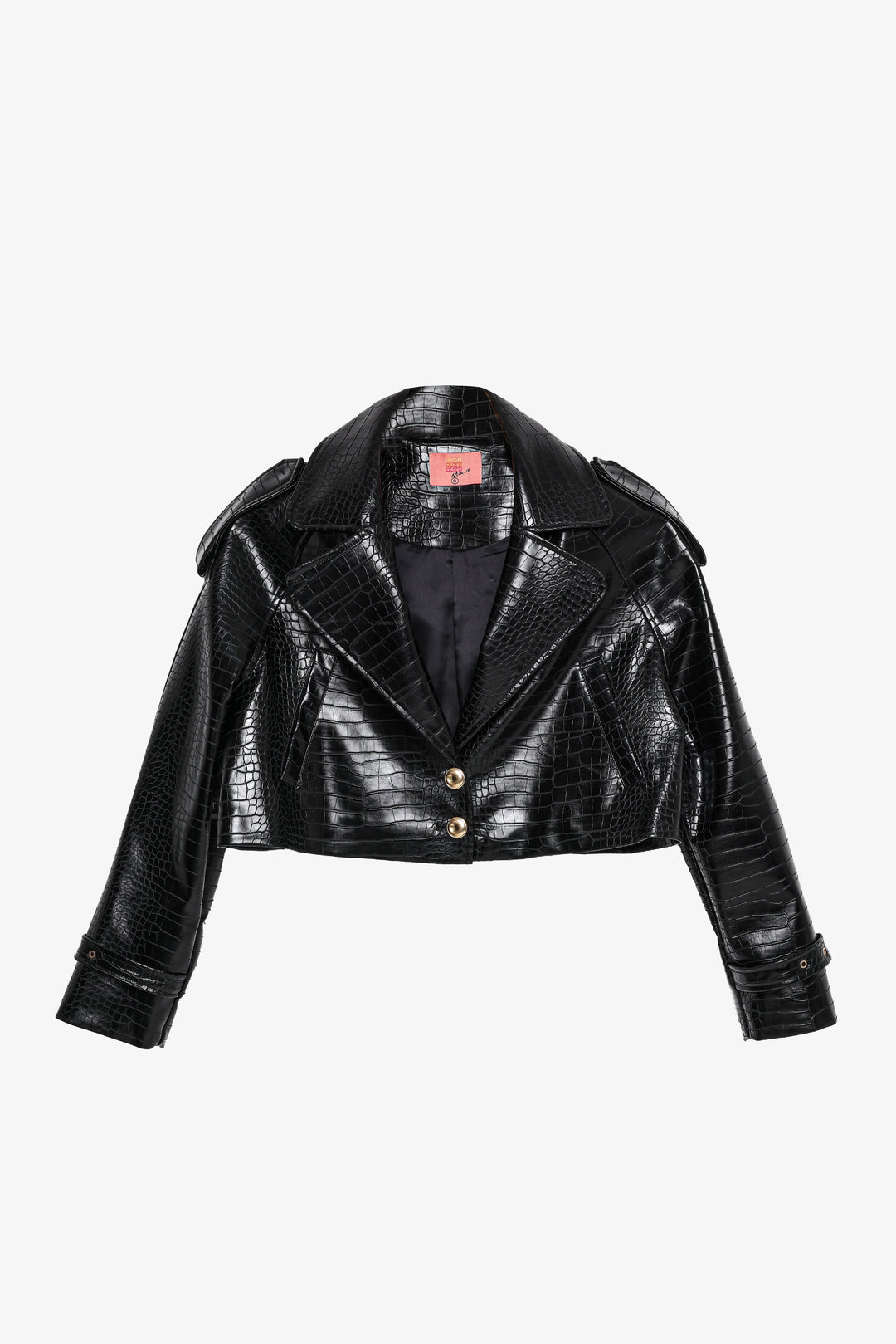 Kroko Desenli Crop Deri Ceket Siyah