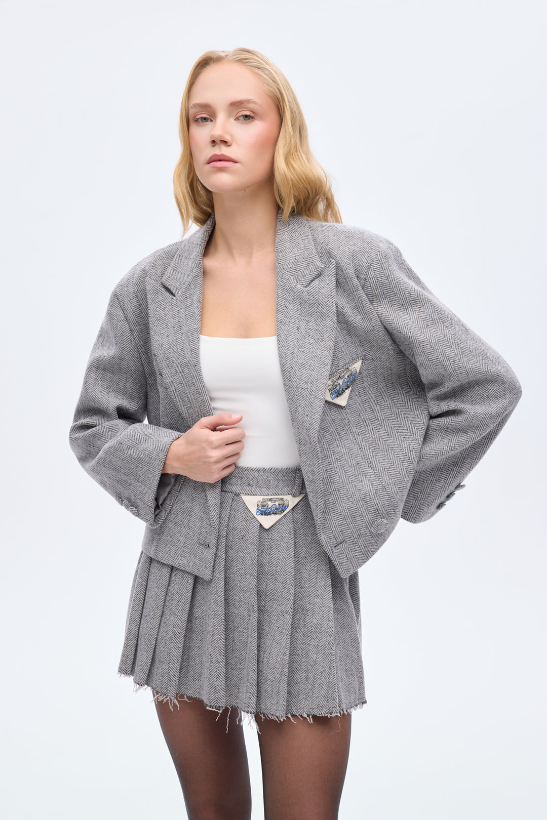 Triko Garnili Balıksırtı Blazer Ceket Gri