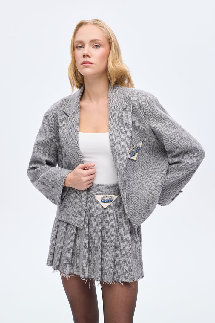 Triko Garnili Balıksırtı Blazer Ceket Gri