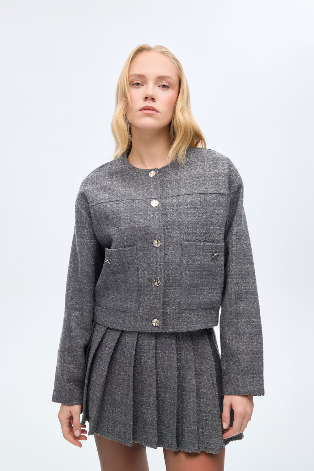 Yuvarlak Yaka Cepli Tüvit Ceket Antrasit