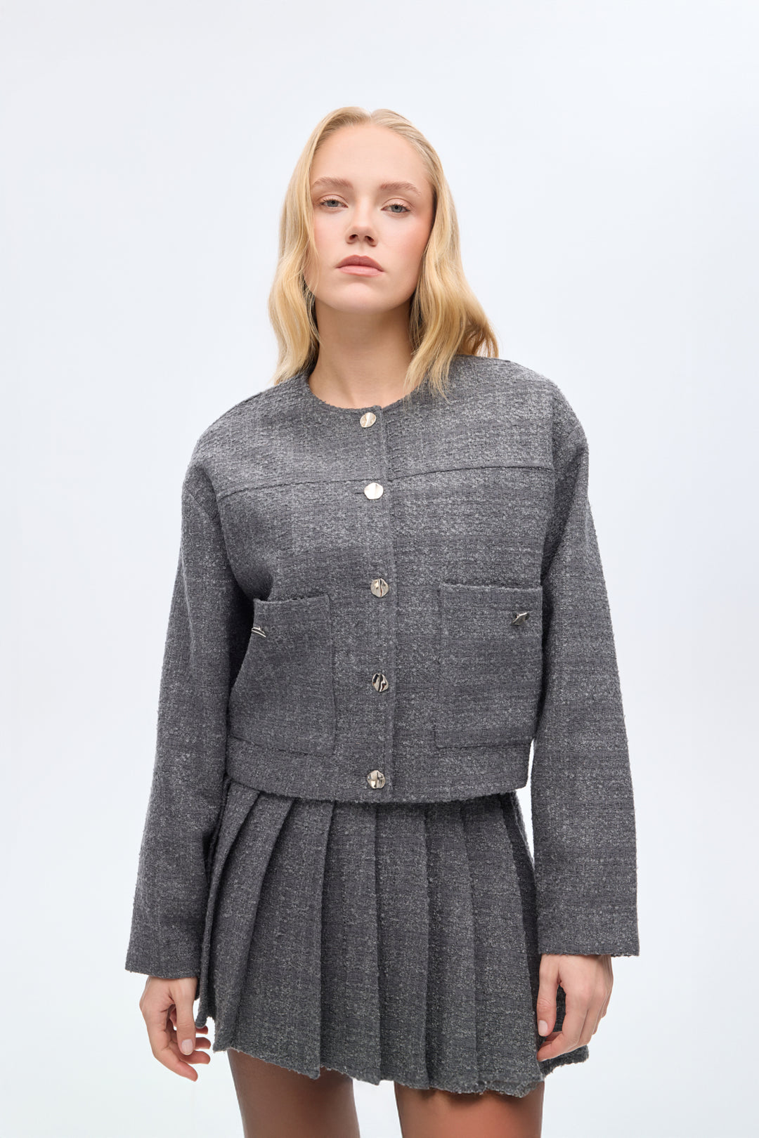 Yuvarlak Yaka Cepli Tüvit Ceket Antrasit