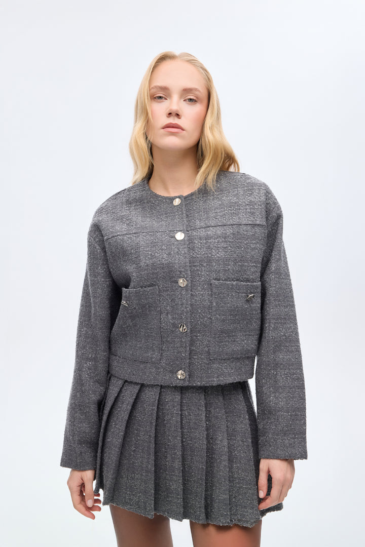 Yuvarlak Yaka Cepli Tüvit Ceket Antrasit