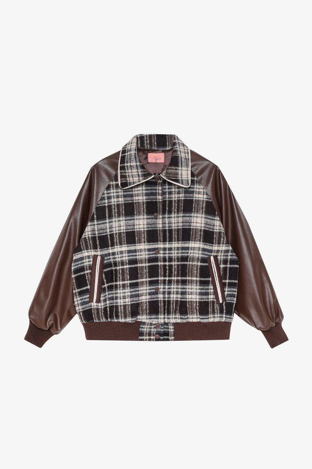 Deri Garnili Ekose Oversize Bomber Ceket Kahverengi