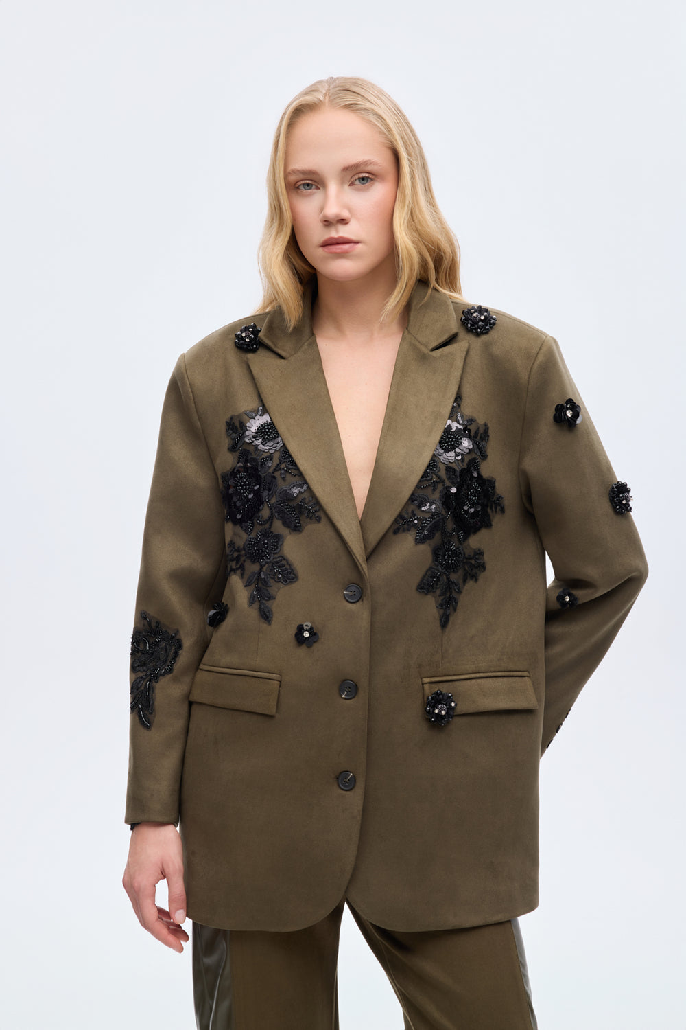 Dantel Aplikeli Süet Blazer Ceket Haki