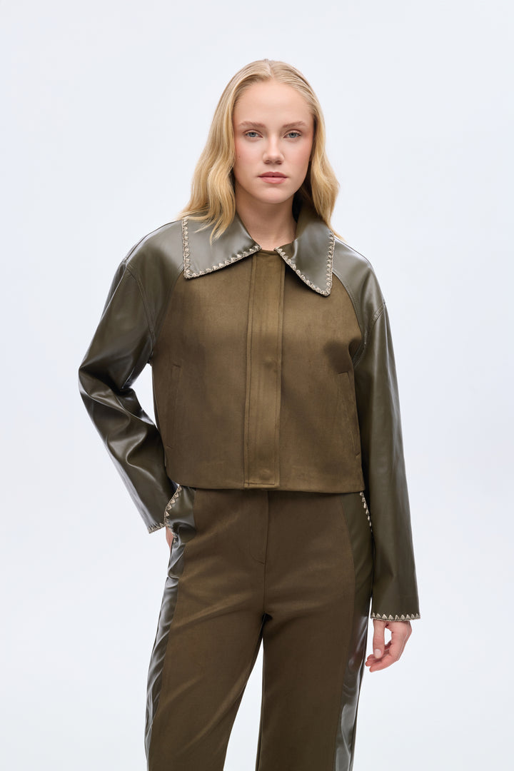 Deri Garnili Kısa Süet Ceket Haki