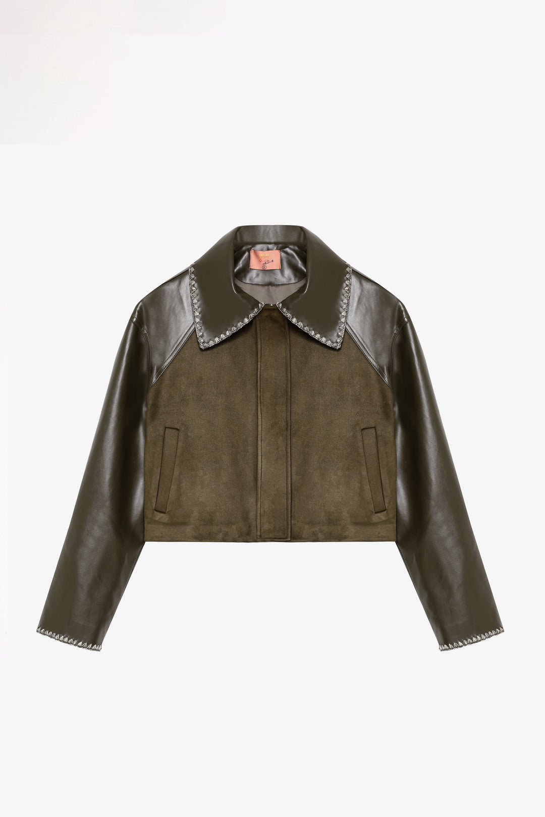 Deri Garnili Kısa Süet Ceket Haki