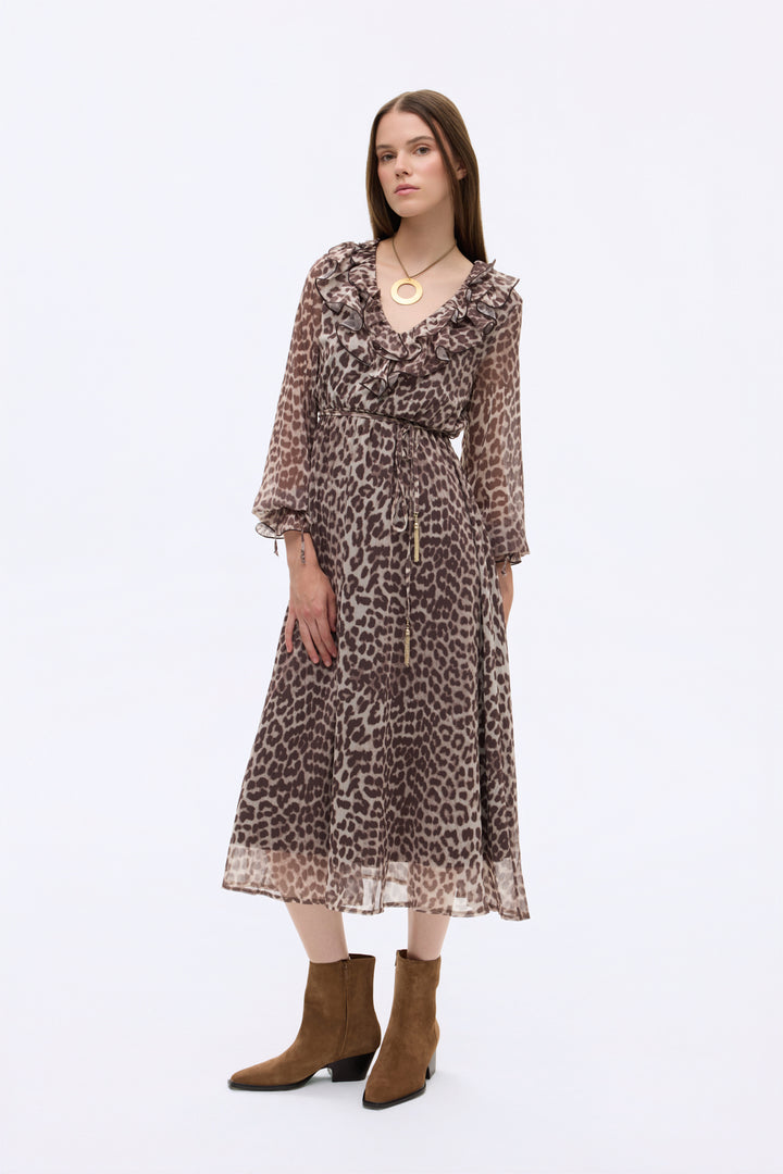 Leopar Desenli Volan Yaka Midi Elbise Bej