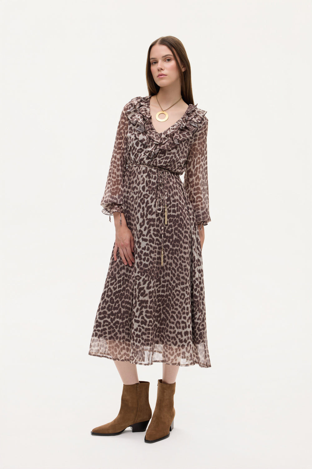 Leopar Desenli Volan Yaka Midi Elbise Bej