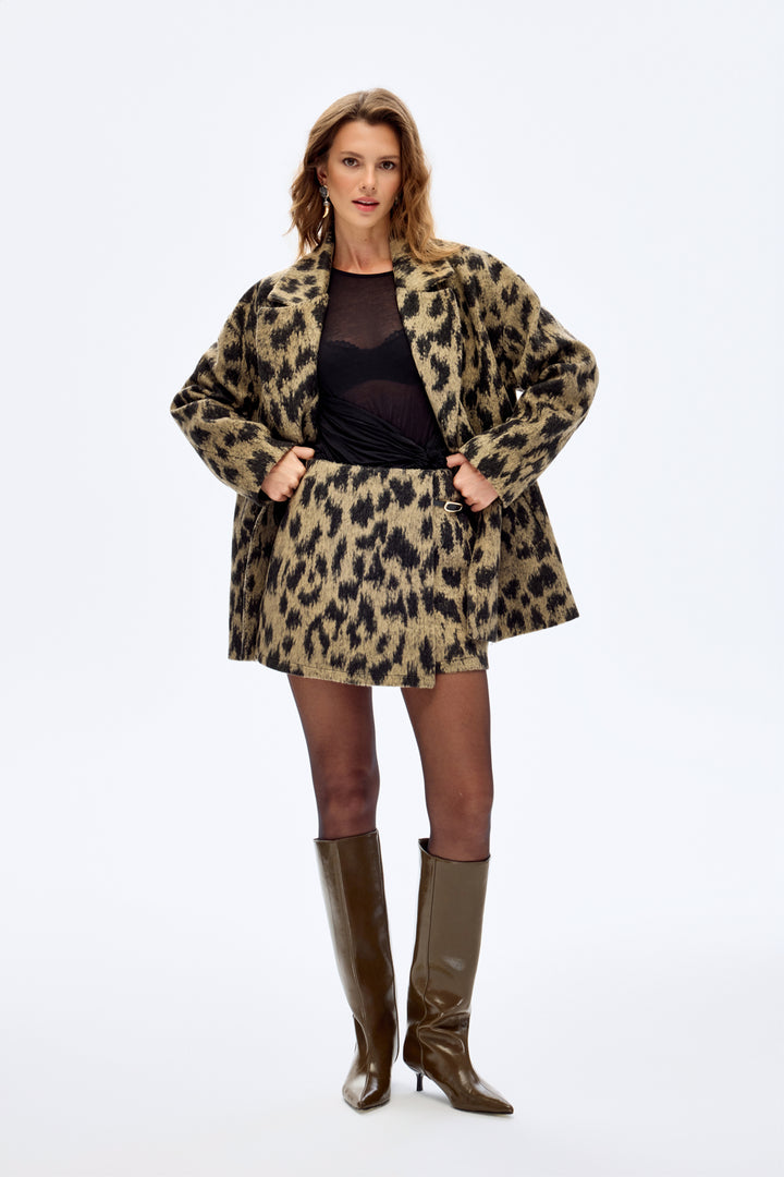 Leopar Kemer Detay Mini Etek Bej