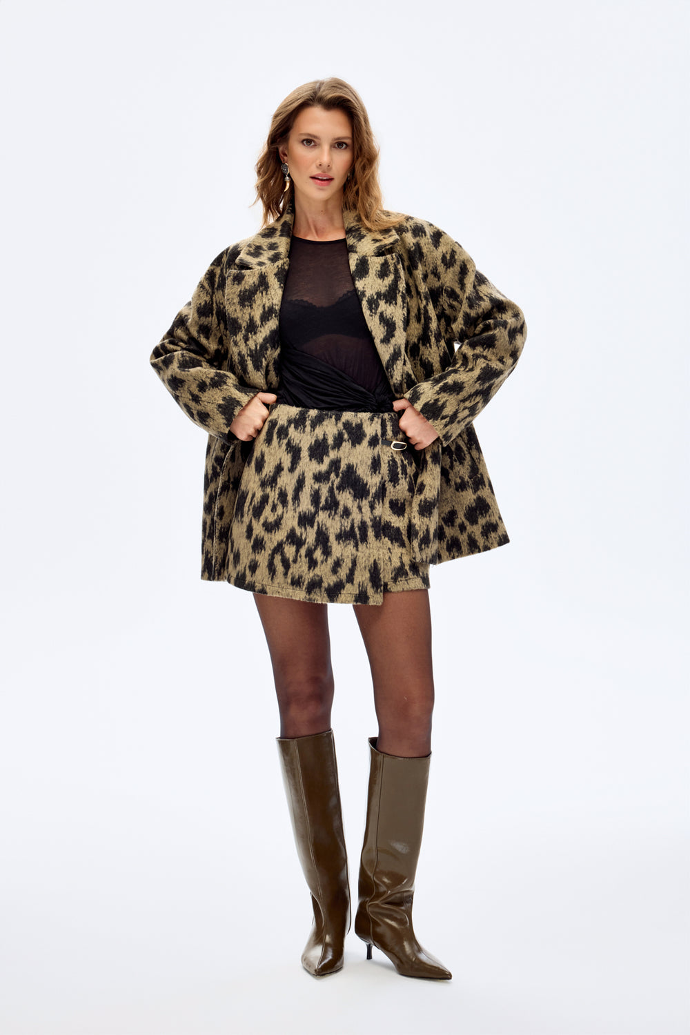 Leopar Kemer Detay Mini Etek Bej