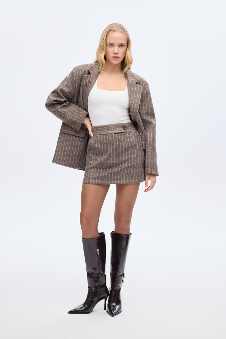 Çizgili Kaşe Mini Etek Vizon