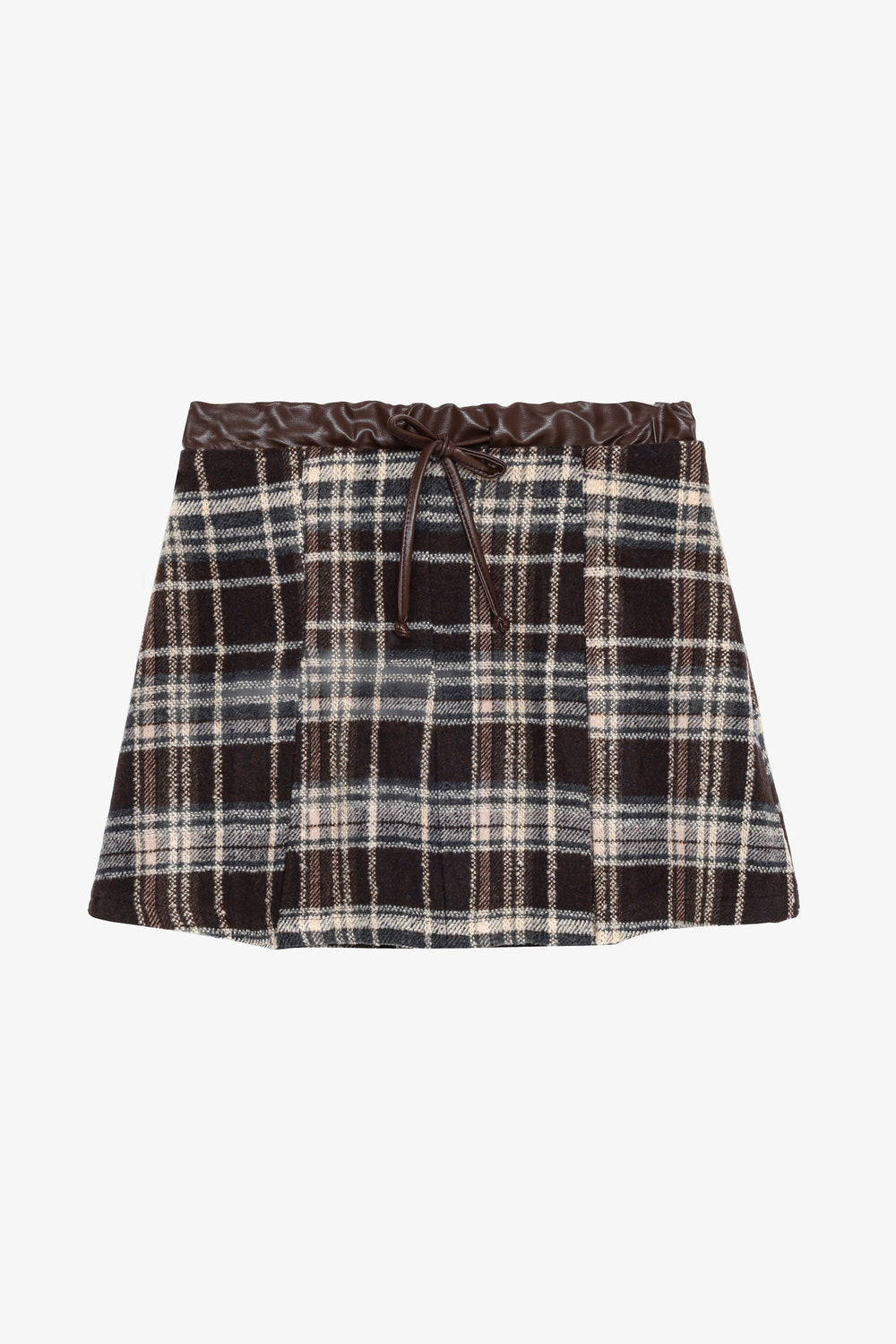 Deri Garnili Ekose Pileli Mini Etek Kahverengi