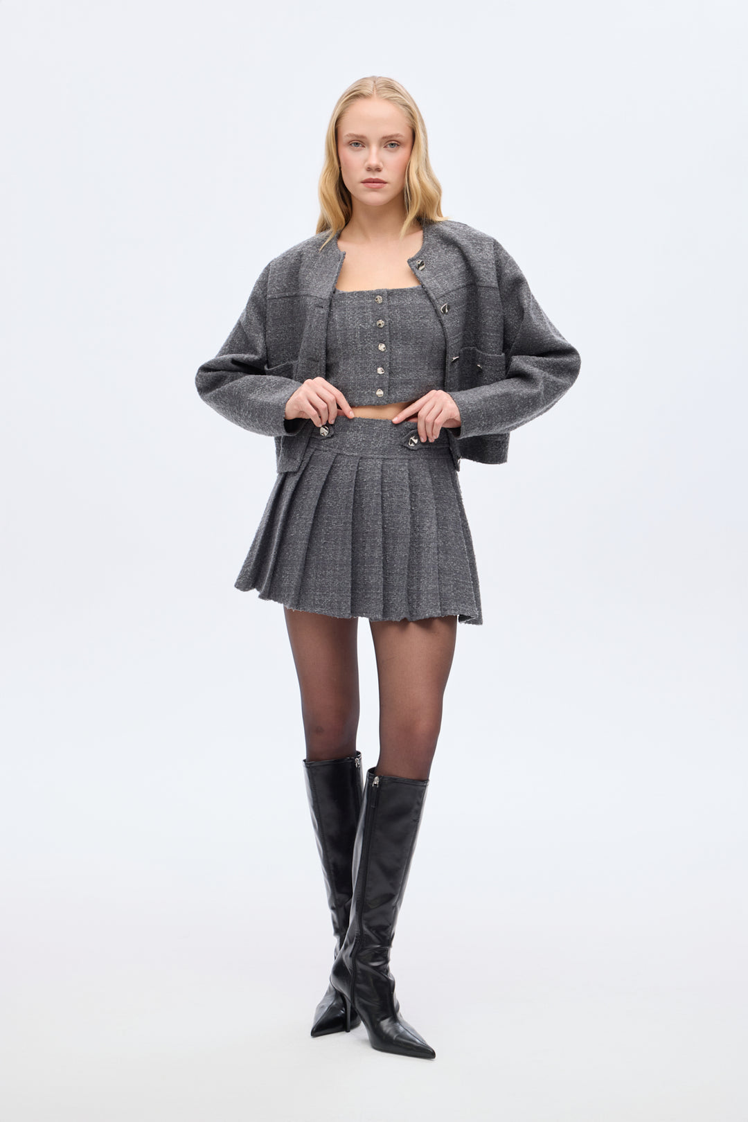 Düğme Detaylı Pileli Tüvit Mini Etek Antrasit