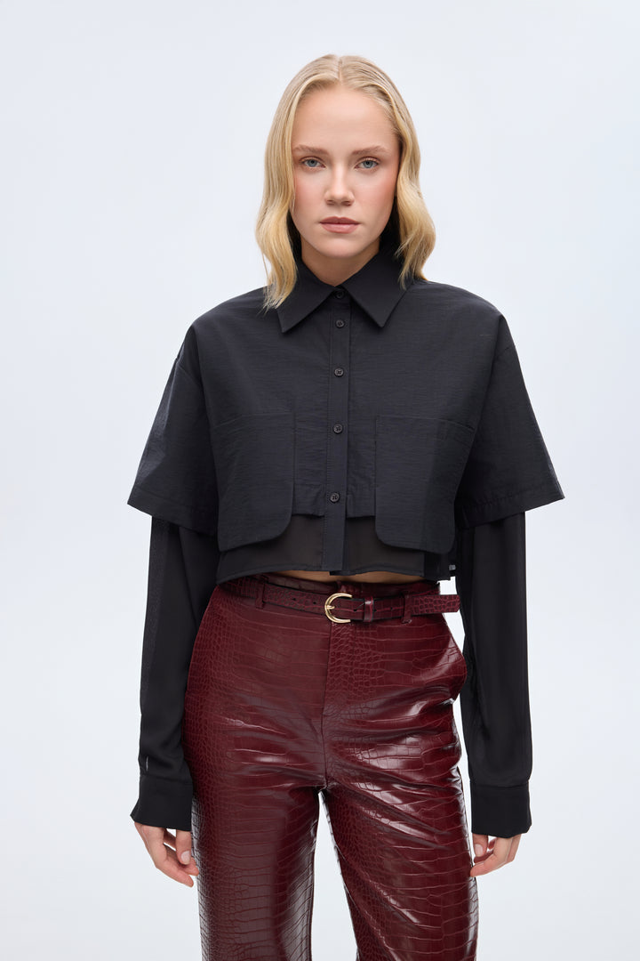 Çift Kat Görünümlü Crop Gömlek Siyah