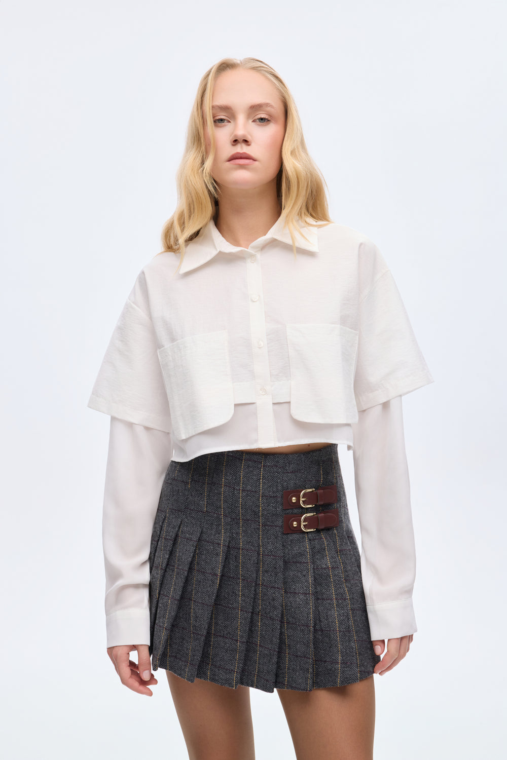 Çift Kat Görünümlü Crop Gömlek Ekru