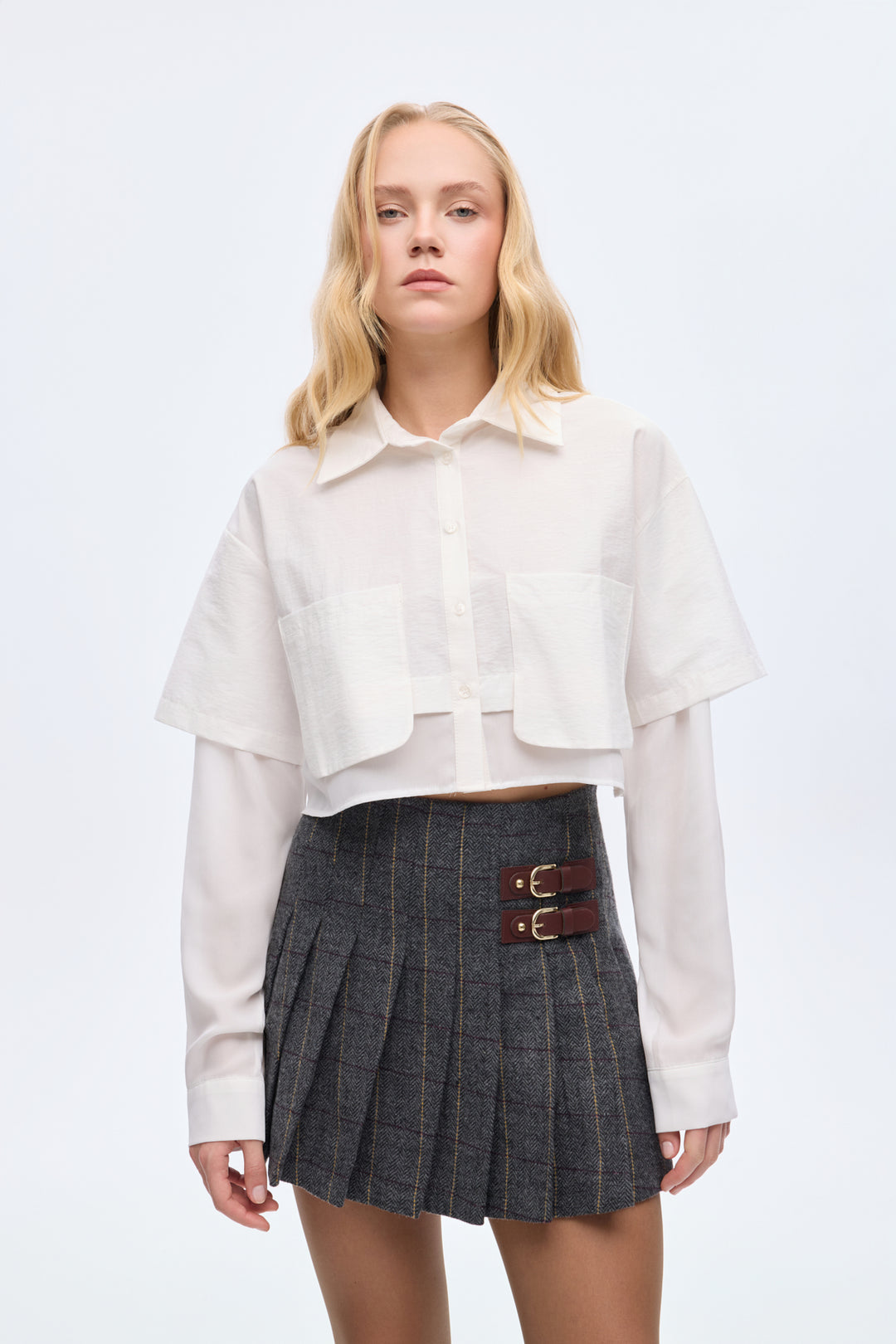 Çift Kat Görünümlü Crop Gömlek Ekru